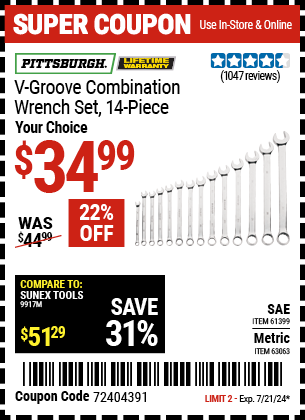 PITTSBURGH: V-Groove SAE Combination Wrench Set, 14 Piece