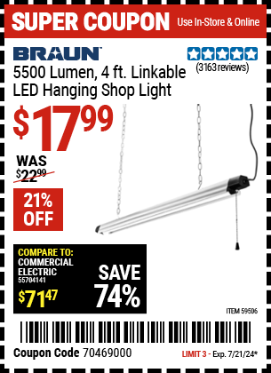 BRAUN: 5500 Lumen, 4 ft. Linkable LED Hanging Shop Light