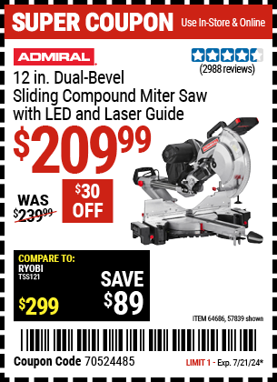 ADMIRAL: 12 in. Dual-Bevel Sliding Compound Miter Saw with LED & Laser Guide