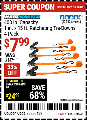 HAUL-MASTER: 400 lb. Capacity, 1 in. x 15 ft. Ratcheting Tie Downs, 4-Pack