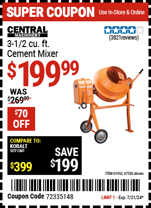 CENTRAL MACHINERY: 3-1/2 Cubic Ft. Cement Mixer