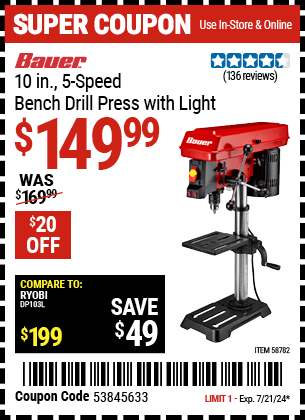 BAUER: 10 in., 5-Speed Bench Drill Press with Light