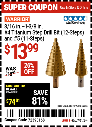 WARRIOR: 3/16 in. – 1-3/8 in. #4 Titanium Step Drill Bit (12-Steps) and #5 (11-Steps)