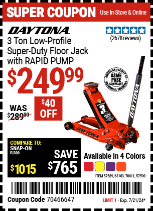 DAYTONA: 3 Ton Low-Profile Superduty Floor Jack with RAPID PUMP, Sunburst Metallic Orange