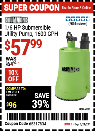 DRUMMOND: 1/6 HP Submersible Utility Pump 1600 GPH