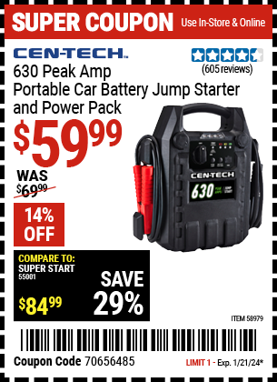 CEN-TECH: 630 Peak Amp Portable Car Battery Jump Starter and Power Pack - coupon