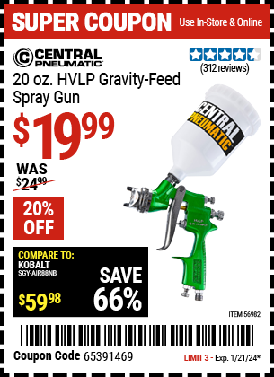 CENTRAL PNEUMATIC: 20 oz. HVLP Gravity Feed Spray Gun