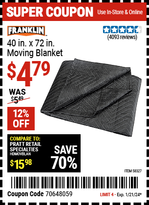 FRANKLIN 40 in. x 72 in. Moving Blanket - coupon