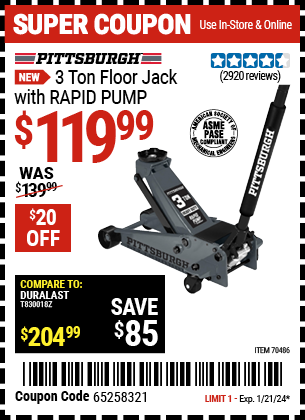 PITTSBURGH: 3 Ton Floor Jack with RAPID PUMP, Slate Gray