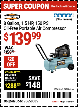 MCGRAW: 8 gallon 1.5 HP 150 PSI Oil-Free Portable Air Compressor - coupon