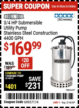 DRUMMOND: 3/4 HP Submersible Utility Pump Stainless Steel Construction 4400 GPH