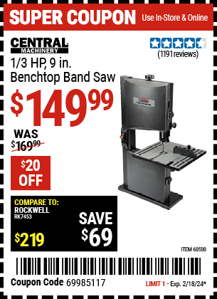 CENTRAL MACHINERY: 1/3 HP, 9 in. Benchtop Band Saw