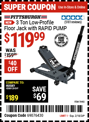 PITTSBURGH: 3 Ton Low-Profile Floor Jack with RAPID PUMP, Slate Gray