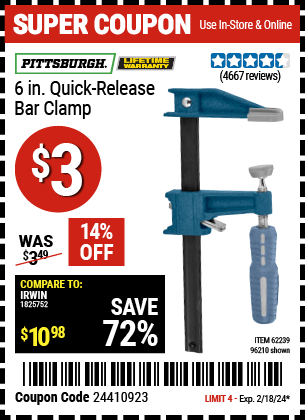 PITTSBURGH: 6 in. Quick Release Bar Clamp