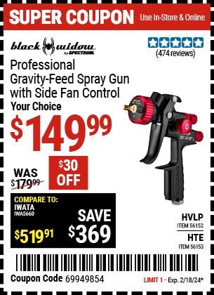 BLACK WIDOW BY SPECTRUM: Professional HTE Gravity Feed Spray Gun with Side Fan Control