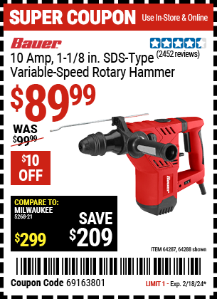 BAUER: 10 Amp, 1-1/8 in. SDS Type Variable-Speed Rotary Hammer