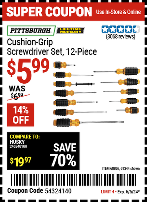 PITTSBURGH: Cushion Grip Screwdriver Set, 12-Piece