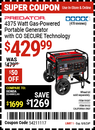 PREDATOR: 4375 Watt Gas Powered Portable Generator with CO SECURE Technology, EPA