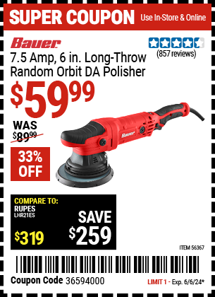 BAUER: 7.5 Amp, 6 in. Long-Throw Random Orbit DA Polisher