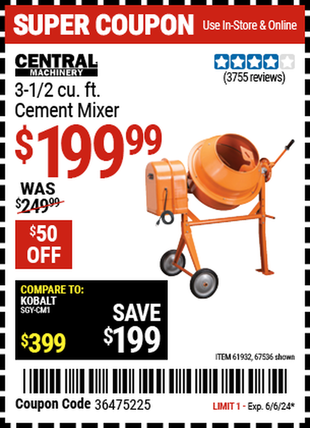 CENTRAL MACHINERY: 3-1/2 Cubic Ft. Cement Mixer