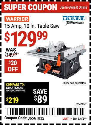 WARRIOR: 15 Amp, 10 in. Table Saw