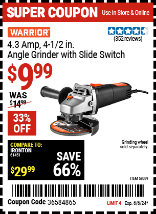 WARRIOR: 4.3 Amp, 4-1/2 in. Angle Grinder with Slide Switch