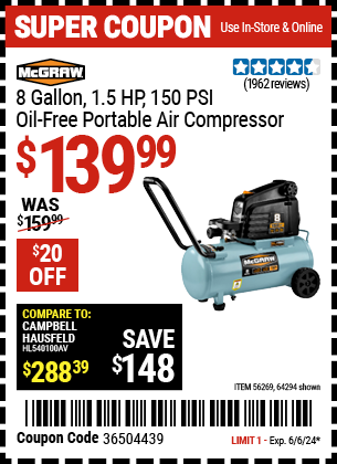 MCGRAW: 8 gallon 1.5 HP 150 PSI Oil-Free Portable Air Compressor