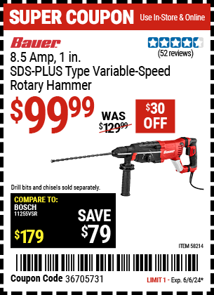 BAUER: 8.5 Amp, 1 in. SDS-PLUS Type Variable-Speed Rotary Hammer