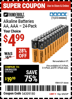 THUNDERBOLT MAGNUM: AA Alkaline Batteries, 24 Pack