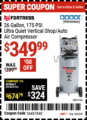 FORTRESS: 26 Gallon 175 PSI Ultra Quiet Vertical Shop/Auto Air Compressor