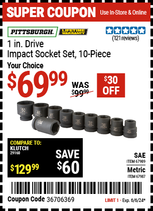 PITTSBURGH: 1 in. Drive SAE Impact Socket Set, 10-Piece