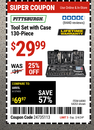 SUPER COUPON - PITTSBURGH Tool Set with Case, 130 Piece