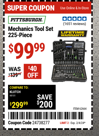 SUPER COUPON - PITTSBURGH Mechanics Tool Set, 225 Piece