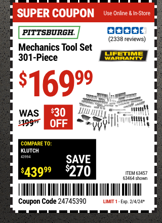 PITTSBURGH Mechanics Tool Set, 301 Piece