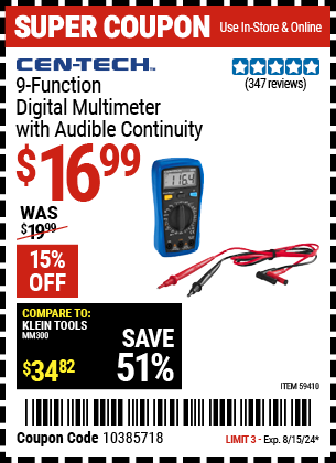 CEN-TECH: 9-Function Digital Multimeter with Audible Continuity