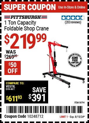 PITTSBURGH: 1 Ton Capacity Foldable Shop Crane