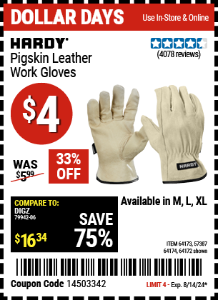 HARDY: Pigskin Leather Work Gloves, Large