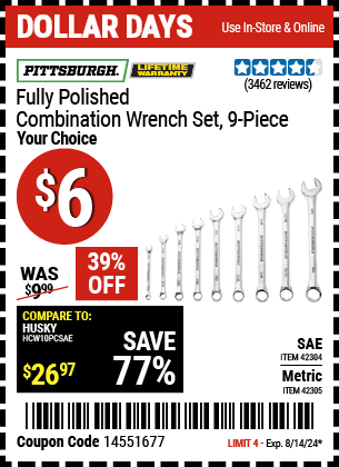 PITTSBURGH: Fully Polished Metric Combination Wrench Set, 9 Piece