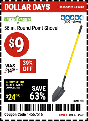 ONE STOP GARDENS: 56 in. Round Point Shovel