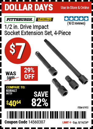 PITTSBURGH: 1/2 in. Drive Impact Socket Extension Set, 4 Piece