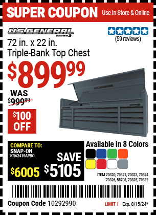 U.S. GENERAL: 72 in. x 22 in. Triple Bank Top Chest, Series 3, Slate Gray