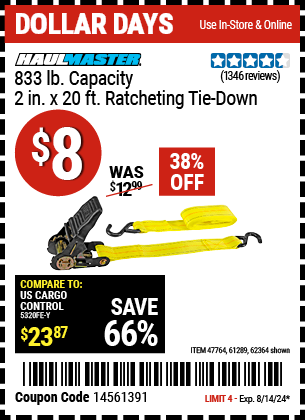 HAUL-MASTER: 833 lb. Capacity 2 in. x 20 ft. Ratcheting Tie Down