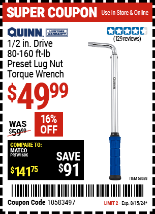 QUINN: 1/2 in. Drive 80-160 ft. lb. Preset Lug Nut Torque Wrench