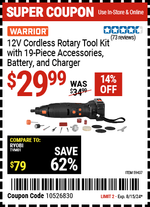 WARRIOR: 12V Cordless Rotary Tool Kit with 19-Piece Accessories, Battery, and Charger