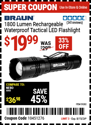 BRAUN: 1800 Lumen Rechargeable Waterproof Tactical LED Flashlight