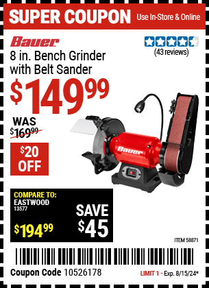 BAUER: 8 in. Bench Grinder with Belt Sander