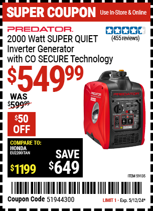 PREDATOR: 2000 Watt SUPER QUIET Inverter Generator with CO SECURE Technology