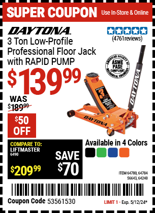 DAYTONA: 3 Ton Low-Profile Professional Floor Jack with RAPID PUMP,