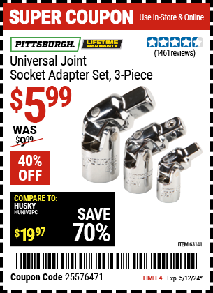 PITTSBURGH: Universal Joint Socket Adapter Set, 3-Piece