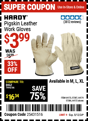 HARDY: Pigskin Leather Work Gloves, Large